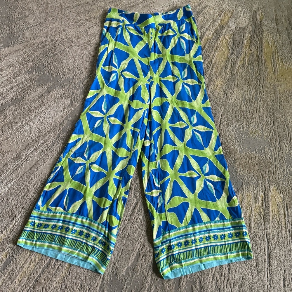 Haute Hippie Wide Leg Pants boho green blue silky beach vacation resort small